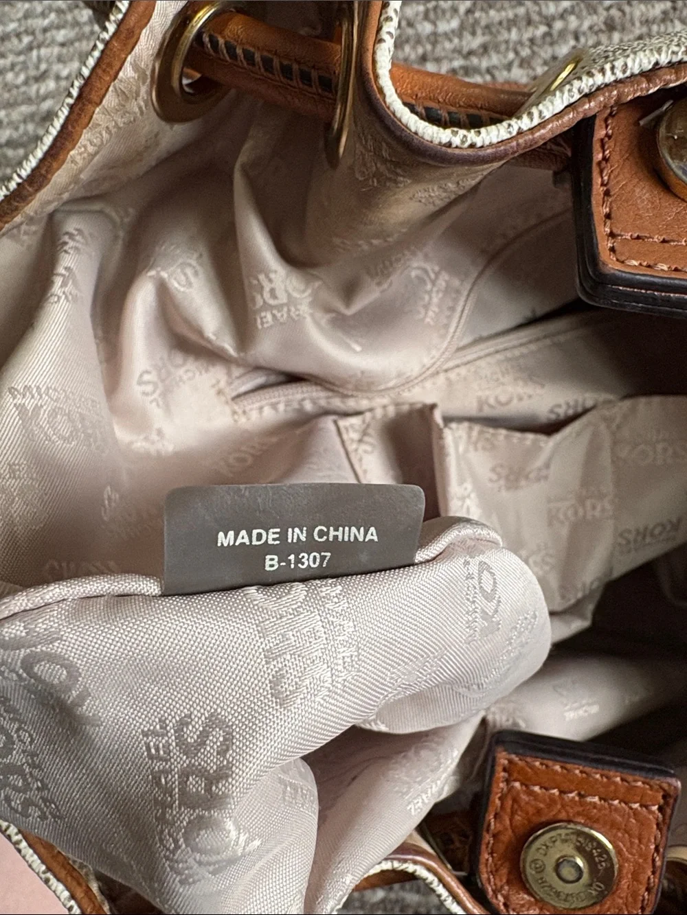 Michael Kors Cream MK Logo Ring Tote with Brown Leather Handles